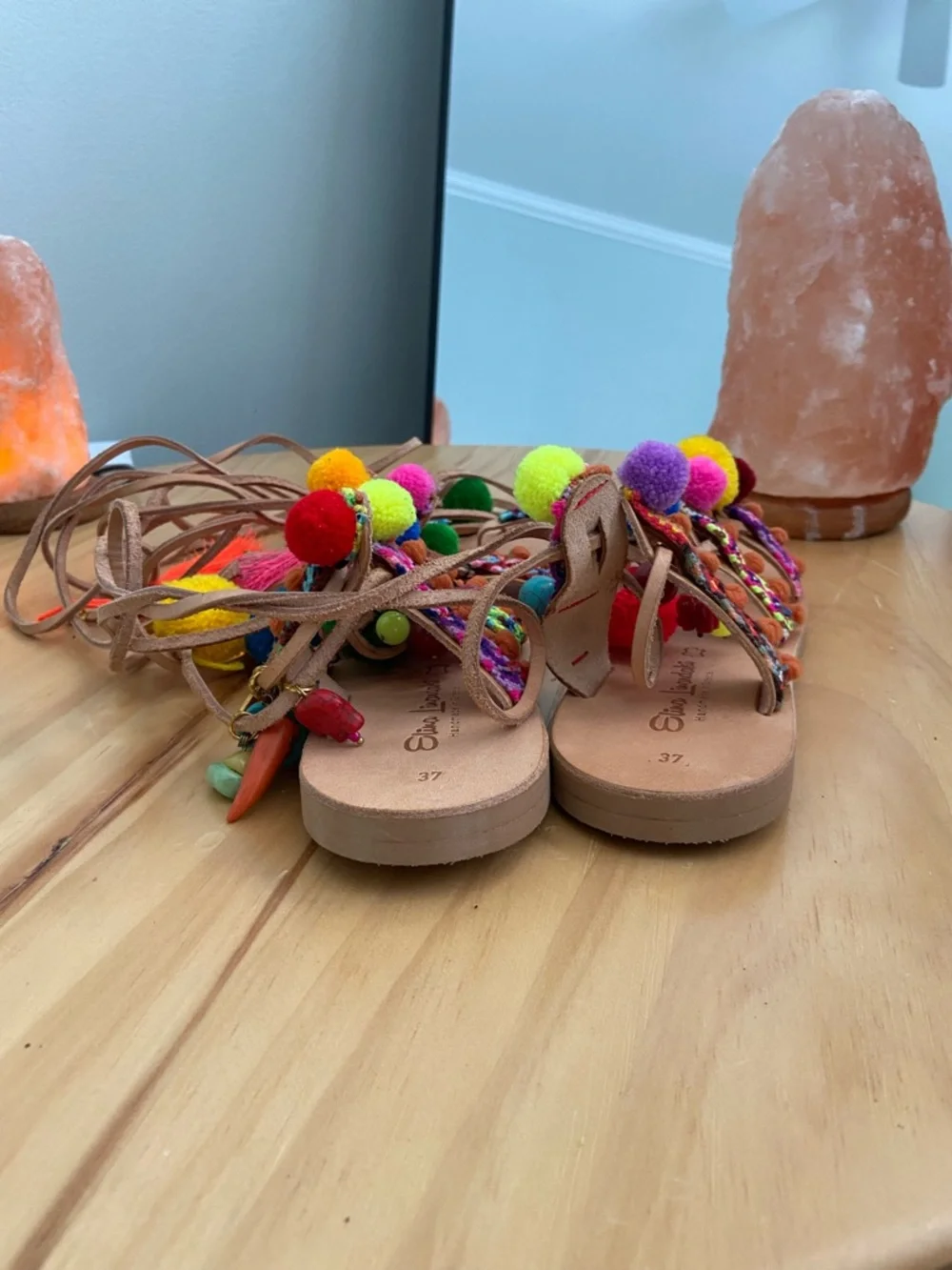 Women’s Multicolor Pom Pom Lace-Up Sandals